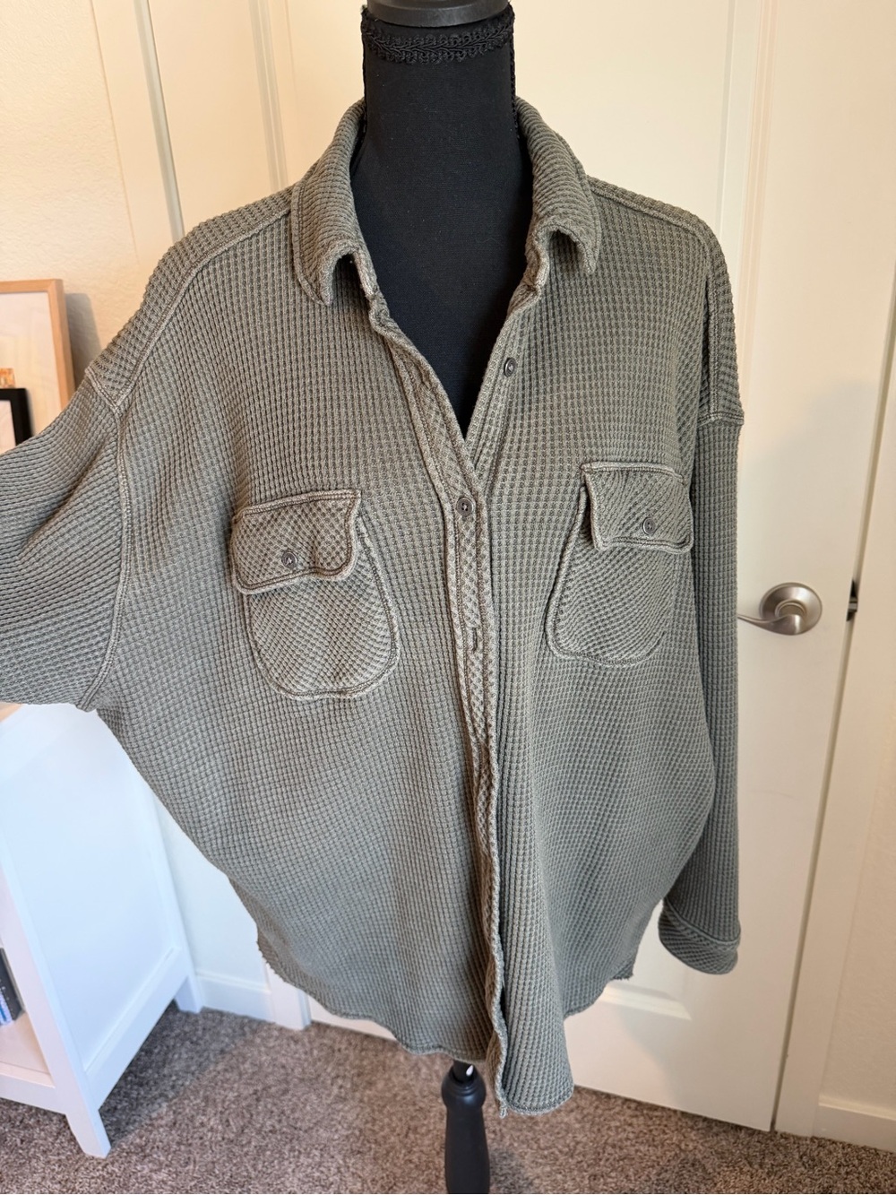 Aerie Waffle knit Olive Green Button-Up Shirt Jacket